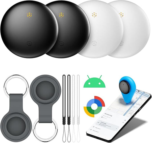 Air Tracker Tags-4 Pack for Android with Case- Bluetooth Tracker Item Finder for Key, Wallet - Works with Google Find Hub, IP66 Waterproof, Smart Tag for Android & Samsung Phones White & Black