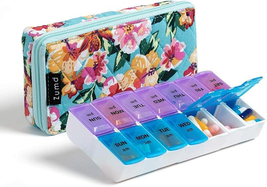 Weekly Pill Organizer 2 Times a Day, Zumd Pill Box 7 Day with Cute Quilted Fabric Zipper Case, Travel Pill Case Am Pm for Vitamin Medicine Organizer