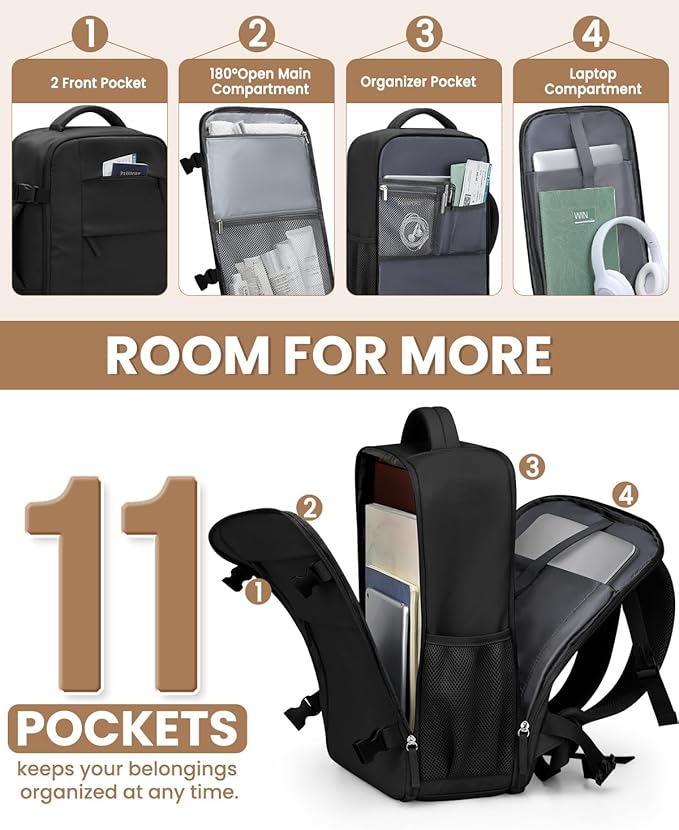 Travel Backpack for Women Man, Waterproof Laptop Backpack Travel Bag Airline Approved Carry on Weekender Overnight Bag Bookbag for Business,Travel, Work Fits 17.3 inch Laptop(Large,Black)