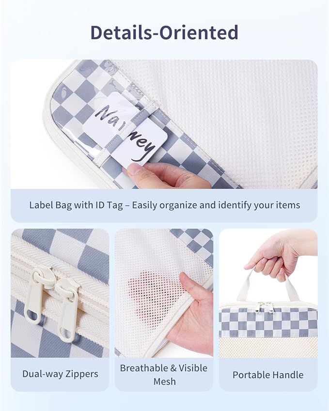 Narwey 5 Set Compression Packing Cubes for Travel, Luggage Packing Organizer Bags for Carry on Suitcase, Expandable Checkered Storage Bags with Laundry & Handle (Grayish Blue Checkerboard)