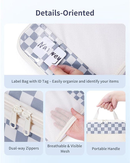 Narwey 5 Set Compression Packing Cubes for Travel, Luggage Packing Organizer Bags for Carry on Suitcase, Expandable Checkered Storage Bags with Laundry & Handle (Grayish Blue Checkerboard)