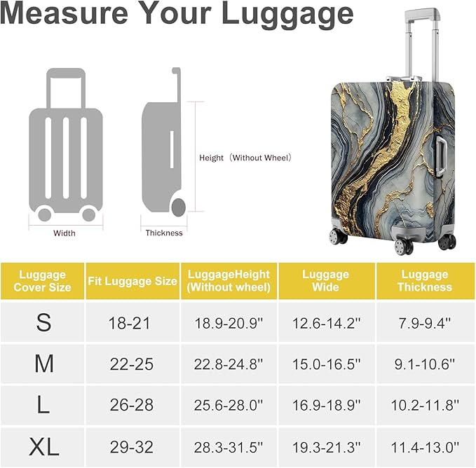 ANNA QUEEN Luxury Marble Gold Luggage Cover, Elegant Black & Grey Suitcase Protector with Faux Gold Vein Design, Stretchable, Washable Spandex Cover for 24-26 Inch Luggage