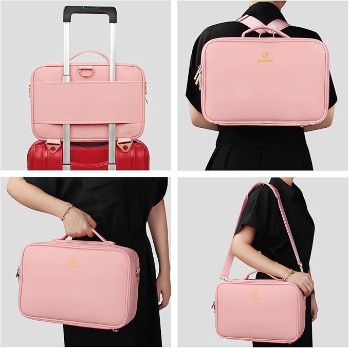 Relavel Makeup Bag Travel Makeup Train Case 13.8 inches Large Cosmetic Case Professional Portable Makeup Brush Holder Organizer and Storage with Adjustable Dividers and Shoulder Strap (Pink)