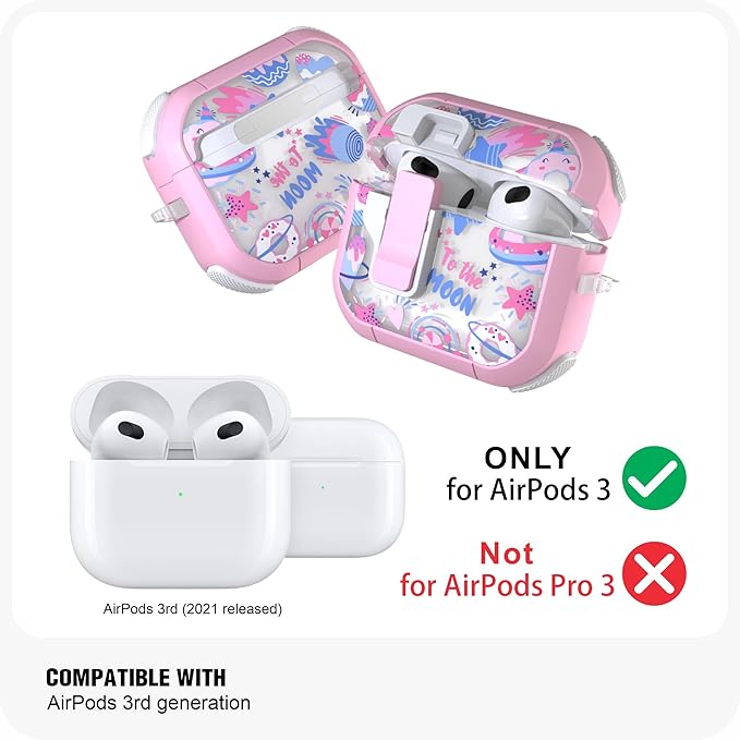 WENEW Case for AirPods 3 Case Cover Secure Lock Automatic Snap Switch Clip Cleaner Kit Lanyard Women Stylish Flower Armour Hard Shell Full Body Front LED Visible (Pink Space, AirPods 3rd)
