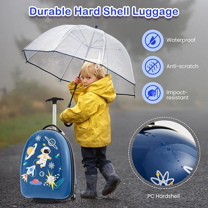 HONEY JOY Kids Luggage, 16” Children Rolling Suitcase w/Wheels & Telescopic Handle, Hard Shell Lightweight Travel Luggage for Toddlers, Carry On Luggage with Wheels for Boys Girls(Blue Astronaut)