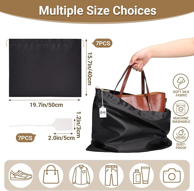 Ewen 19.6x15.7in Dust Bags for Handbags, 7 Pack of Black Dustproof Silk Bags with Drawstring for Travel, Purse Wallet Bags for Storage, Satin Covers for Shoes and Boots, Pouches Organizer for Closet