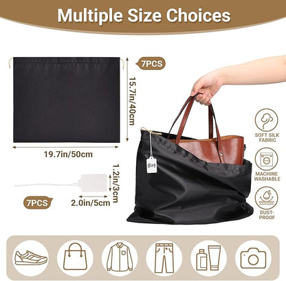 Ewen 19.6x15.7in Dust Bags for Handbags, 7 Pack of Black Dustproof Silk Bags with Drawstring for Travel, Purse Wallet Bags for Storage, Satin Covers for Shoes and Boots, Pouches Organizer for Closet