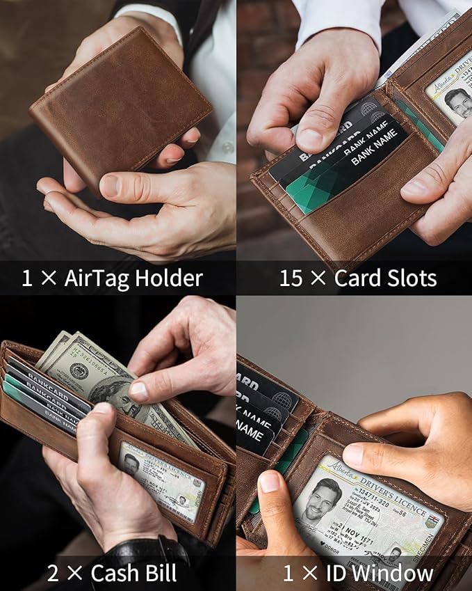 Mens Genuine Leather Bifold RFID Blocking Wallet with 14 Card Slots, ID Window & 2 Cash Pocket - Includes Gift Box