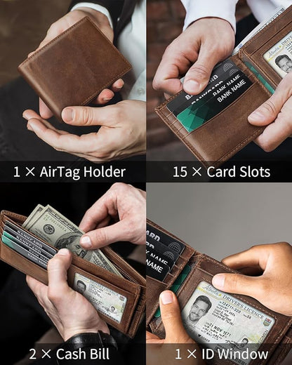 Mens Genuine Leather Bifold RFID Blocking Wallet with 14 Card Slots, ID Window & 2 Cash Pocket - Includes Gift Box