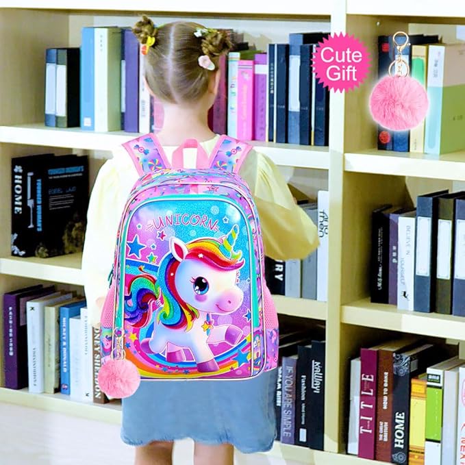 WZLVO 3PCS Kids Backpack for Girls, 16'' Girls Unicorn Backpacks with Lunch Box, Cute Animal Water Resistant School Bag Set for Elementary Kindergarten Toddler