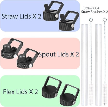 BJPKPK 2 Pack Insulated Water Bottles with Straw Lids, 22oz Stainless Steel Metal Water Bottle with 6 Lids, Leak Proof BPA Free Jugs, Cups, Flasks for Travel, Sports (Cherry+Black)