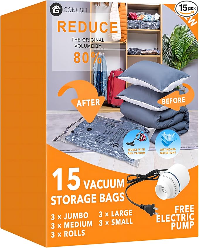 15 Pack Vacuum Storage Bags with Electric Pump (3 Jumbo, 3 Large, 3 Medium, 3 Small, 3 Roll Up), Plastic Packaging Bags,Space Saver Sealer Bag for Blankets, Comforters, Pillows, Clothes Storage