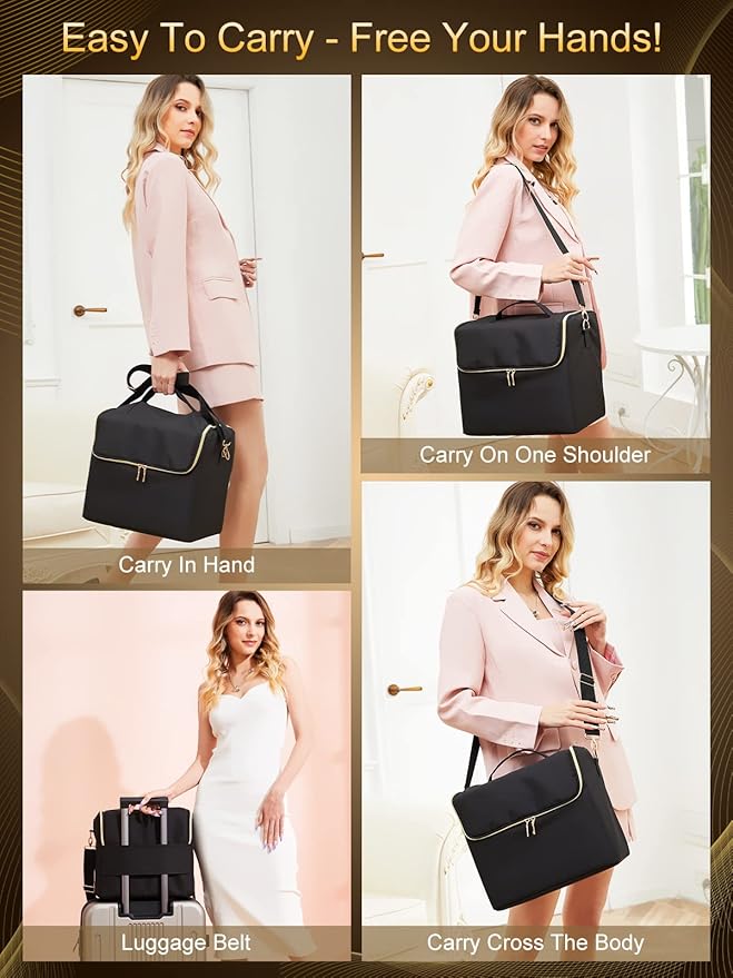 Deciniee Large Makeup Travel Train Case, Upgraded Plus Size Nail Supply Organizers and Storage for Nail Tech, Black 4 Tier Cosmetic Train Case Makeup Box, Nail Polish Makeup Organizer and Storage Bag