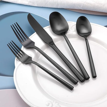 DEACORY Silverware Set with Serving Utensil Set Matte Black Flatware Set Hand Forged Stainless Steel Cutlery Set 45 Pieces Matte Finished Hexagon Handle Service for 8