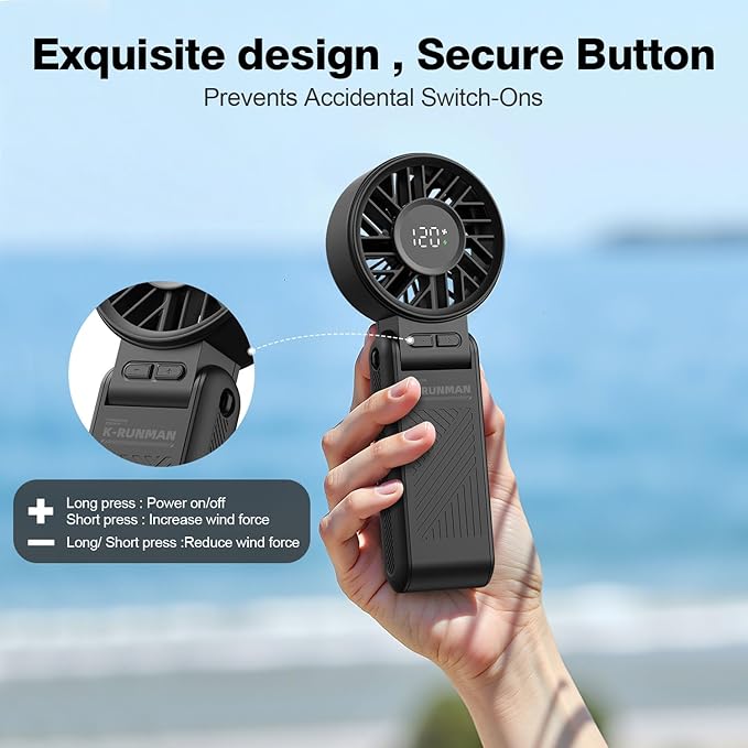 Portable Handheld Fan, 4000mAh Rechargeable, 6 Speed Settings, LCD Display, 3-in-1 Foldable Mini Desk Fan with Lanyard (BLACK)