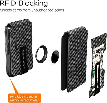 Men's RFID Wallet for AirTag - Brushed Metal Pop Up Card Holder, Slim Front Pocket Compact Bifold Wallet with ID Window Money Clip, Holds 9-11 Cards, Gift for Men