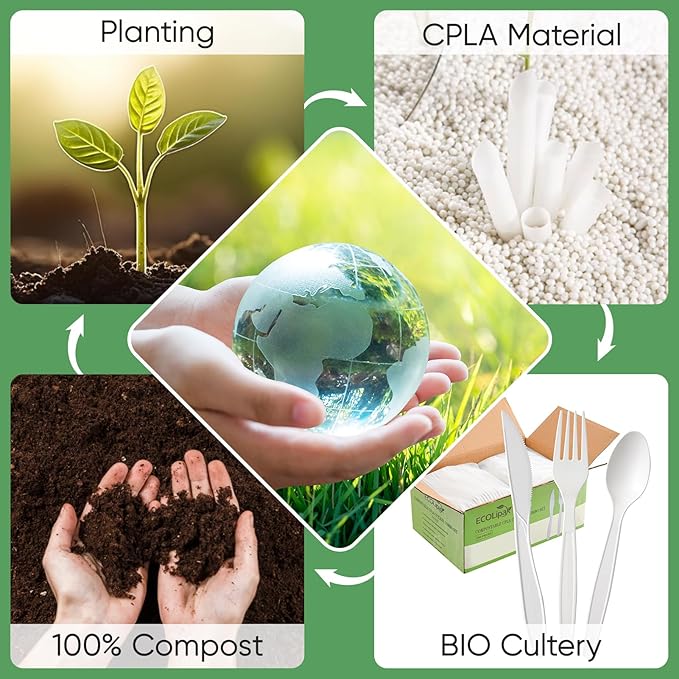 ECOLipak 350 Pcs Compostable Cutlery Set, 7 Inch Large Size Biodegradable Disposable Silverware Set 150 Forks 100 Spoons 100 Knives, Heavy Duty Bio based CPLA Utensils for Party, BBQ, Picnic