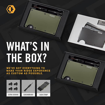 The Ridge Wallet for Men - Slim Minimalist Compact Wallet and Card Holder, RFID Protected Front Pocket Wallets with Integrated Cash Strap (Matte Olive Titanium)