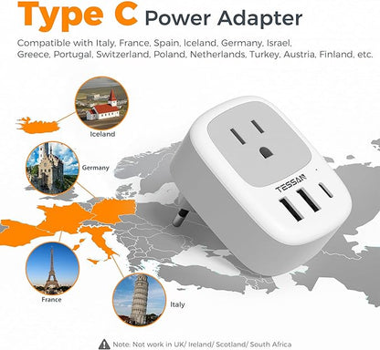 2 Pack European Travel Plug Adapter, TESSAN US to Europe Plug Adapter with 3 USB Ports (1 USB C), Type C Power Outlet for EU International Italy Iceland Spain France Germany