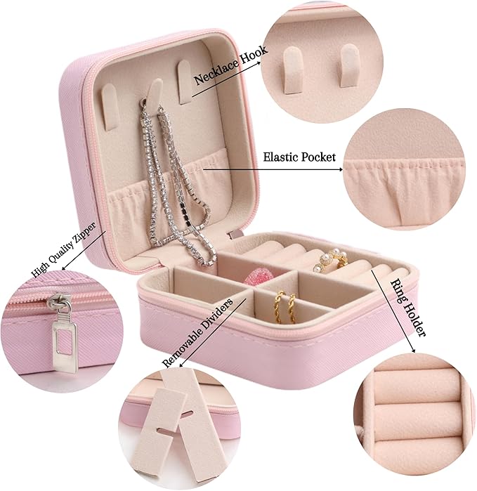 Personalized Leather Jewelry Box with Name and Birth Flower Month - Custom Jewelry Travel Case for Women, Mom, Nana, Children - Custom Name and Birth Flower Month Jewelry Organizer Box (Dark Pink)