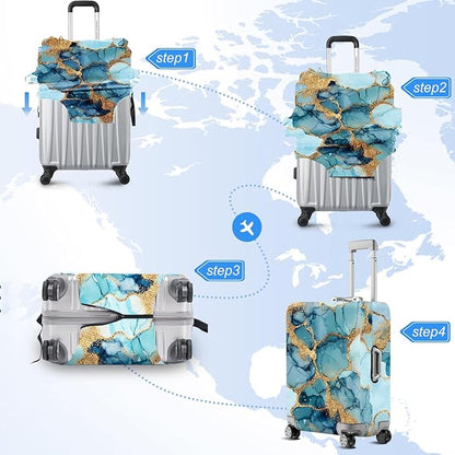 FOREVER QUEEN Luxury Light Blue Gold Marble Luggage Cover Suitcase Protector Suitcase Cover Anti-Scratch,Stretchable Bag Cover Washable Durable Polyester