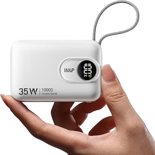 W&P Portable Charger for iPhone, 35W Fast Charging 10000mAh Portable Power Bank with Built-in USB-C & Lightning Cables, Compact Travel Battery Pack for iPhone 15/14/13, Android, iPad, MacBook