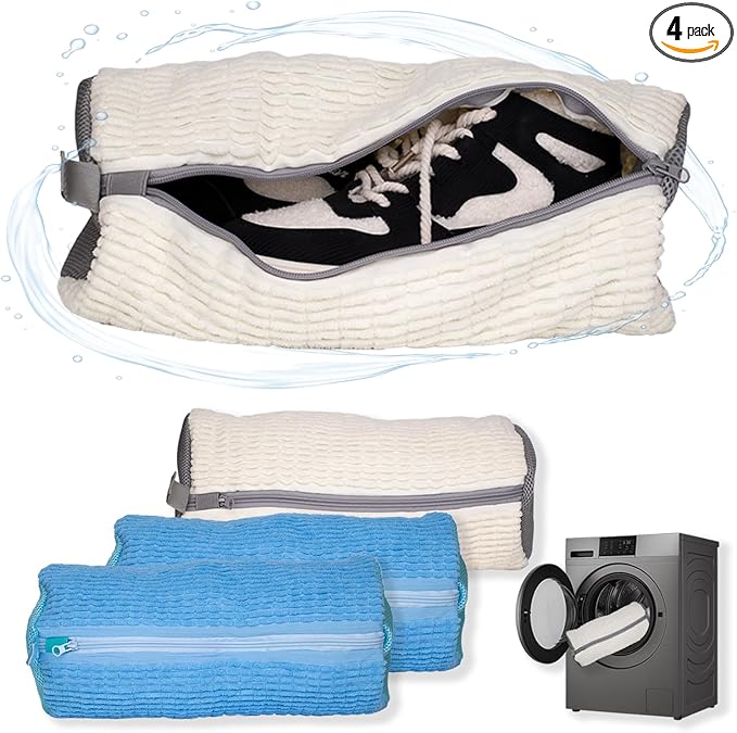 4 Pcs Shoe Washing Machine Bag, Laundry Shoe Bags for Washer and Dryer with Chenille Liner, Large Reusable Mesh Bag for Sneakers, Gym, Tennis, Sports, Delicate, 2 Color Mix (Blue+Beige)