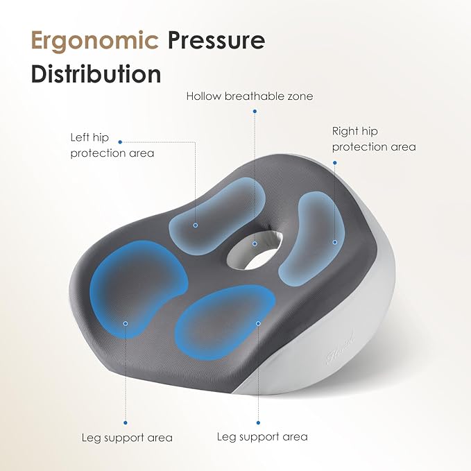 FLORICH Seat Cushion, Memory Foam Seat Cushion for Car Office Chair, Ergonomic Office Seat Chair Cushion for Sciatica Pain Relief, Larger Seat Cushion for for Long Sitting Office Workers - Grey