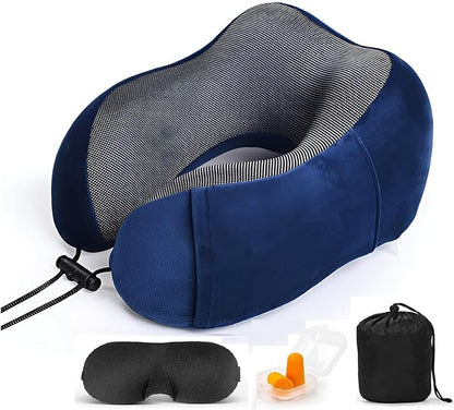 Airplane Travel Neck Pillow, 100% Memory Foam Ergonomic Neck Support, Airplanes Neck Pillow with Washable Cover Travel Essential for Flight Car & Office Includes Eye Masks, Earplugs & Carry Bag (Blue)