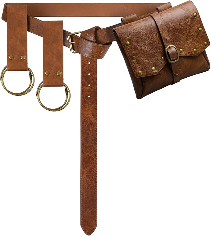 Renaissance Belt Pouch Viking Leather Medieval Belt Waist Bag Pirate Cosplay Festival Halloween Adjustable Accessories (Brown)