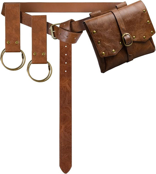 Renaissance Belt Pouch Viking Leather Medieval Belt Waist Bag Pirate Cosplay Festival Halloween Adjustable Accessories (Brown)