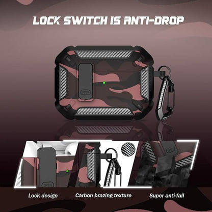 RFUNGUANGO for AirPods Pro 2nd Gen Case with Cleaning Kit, Military Hard Case Protective Armor with Lock, for AirPod Gen 2 Charging Case (2023/2022/2019, 2nd Gen/1st Gen),Red Camouflage