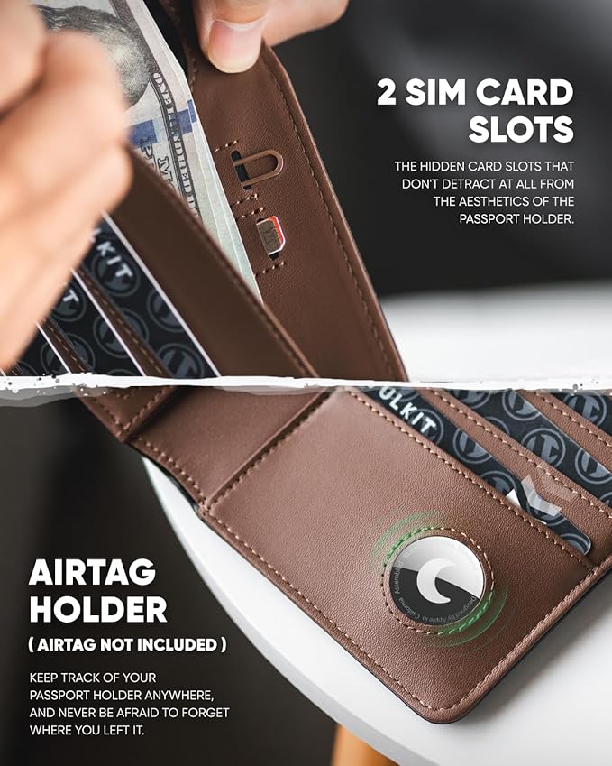 VULKIT Passport Holder with Airtag Holder RFID Blocking Passport Wallet Travel Leather Passport for Women(Black Brown)