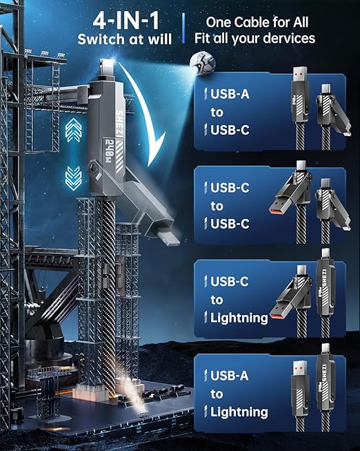 SHEZI Nylon Braided 4 in 1 USB C Cable 240W 5FT Compatible with Lightning Cable, Fast Charging for iPhone/iPad Charger Cord [480Mbps Data Sync],Multi Charging Cable with Type C/USB A, Grey