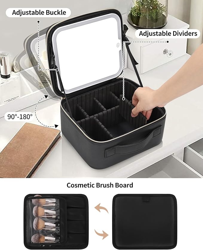 TANTO Makeup Bag With LED Mirror, Travel Makeup Case with Light up Mirror Large Cosmetic Case with 3 Color Lighted Portable Organizer Bag with Adjustable Dividers（Black）