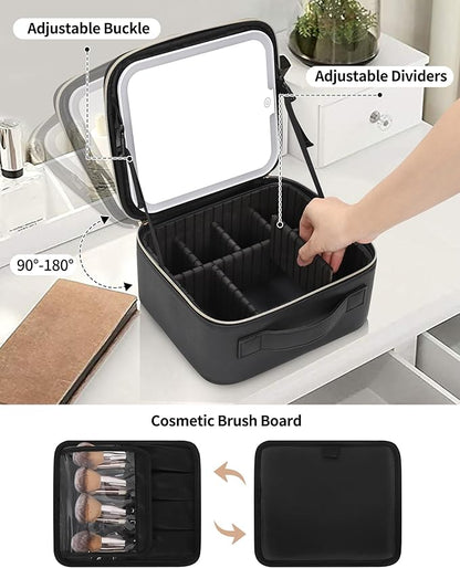 TANTO Makeup Bag With LED Mirror, Travel Makeup Case with Light up Mirror Large Cosmetic Case with 3 Color Lighted Portable Organizer Bag with Adjustable Dividers（Black）