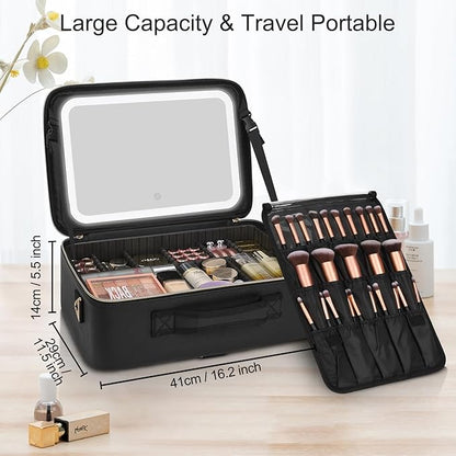 Relavel Makeup Bag with LED Mirror, Large Capacity Travel Cosmetic Organizer with Adjustable Compartments, Brush Holder & Detachable Strap, Black Storage Box for Makeup Artists