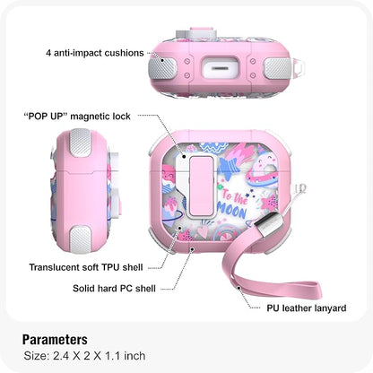 WENEW Case for AirPods 3 Case Cover Secure Lock Automatic Snap Switch Clip Cleaner Kit Lanyard Women Stylish Flower Armour Hard Shell Full Body Front LED Visible (Pink Space, AirPods 3rd)