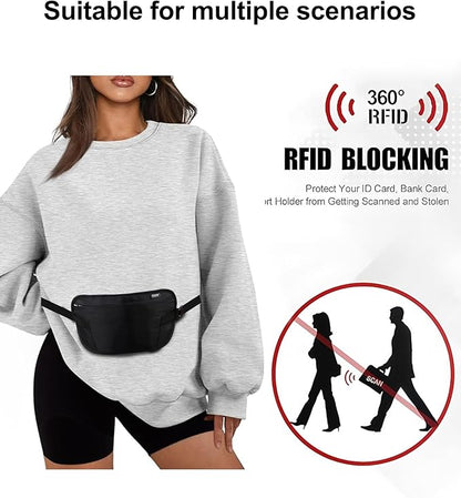 RFID Blocking Money Belt - Slim Under Cloth Passport Holder & Travel Wallet | Secure Hidden Fanny Pack for Men Women (Black-L)