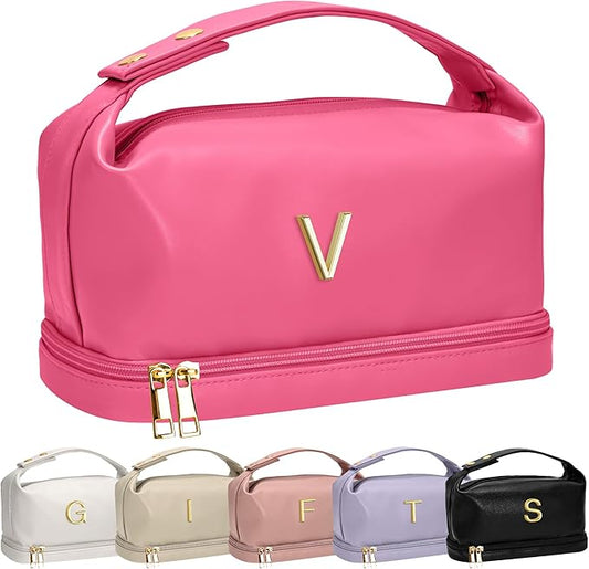 Gifts for Teacher Women, Personalized Makeup Bag with Handle, Initial Double Layer Cosmetic Bag with Makeup Brush Organizer, Cute Cosmetic Pouch for Women, Gifts for Friends Female