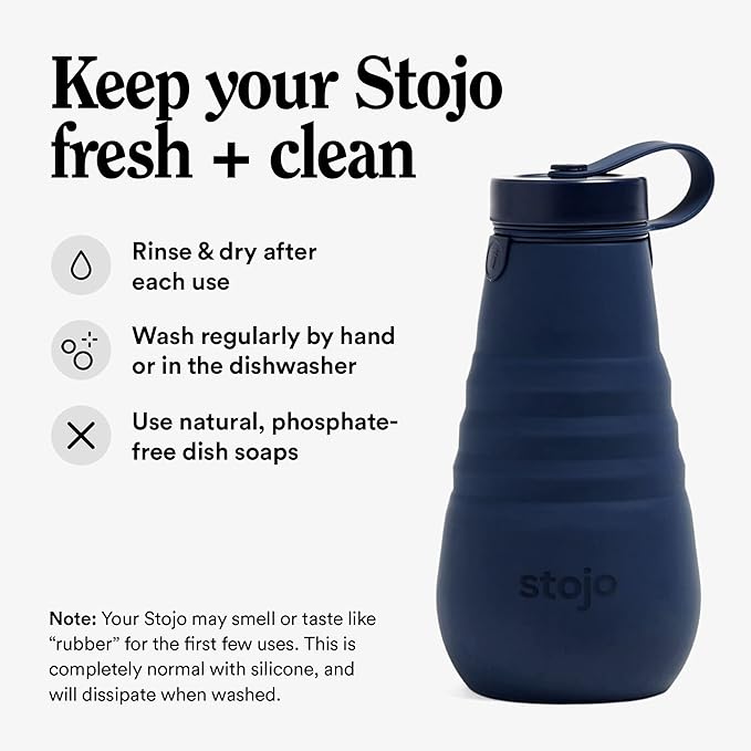 STOJO Collapsible Water Bottle – Denim Blue, 20oz / 592ml - Leak-Proof Reusable Silicone Travel Cup for Hot & Cold Drinks - Microwave & Dishwasher Safe