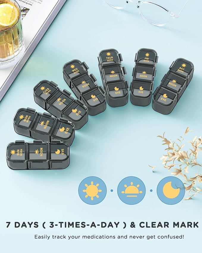 Pill Organizer 3 Times A Day - Acedada Weekly Pill Organizer 3X A Day, Large Pill Box 7 Day Medicine Organizer Pill Case, Pill Container Holder, Daily Pill Box 3 Times A Day, for Vitamin, Black Grey