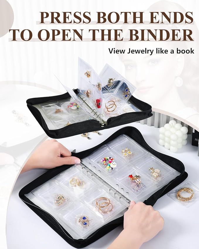 AOLEIXIYA Jewelry Organizer Book Clear Travel earring book organizer Transparent Jewelry Book with Zipper Pouch Bags (Black,With 80 PCS Small Jewelry Bags)