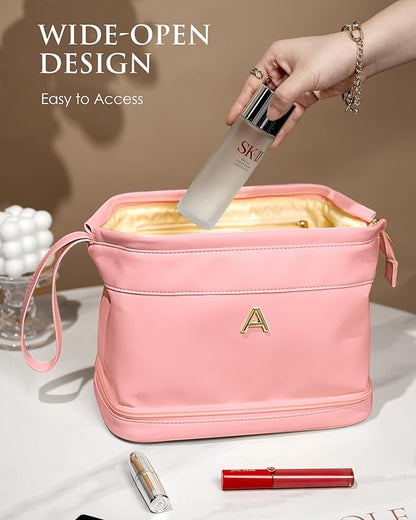 Gifts for Teen Girls, Initial Large Makeup Bag, Personalized Double Layer Cosmetic Bag with Makeup Brush Organizer, Waterproof, Large Capacity PU Leather Toiletry Bag, Friend gifts