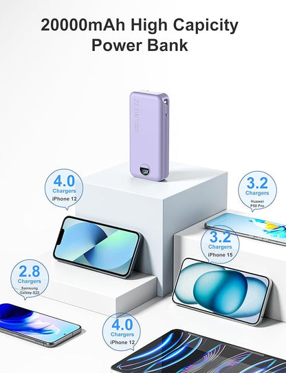 20000mAh Ultra-Portable-Charger-Power-Bank PD20W with Built in Cables&AC Wall Plug,Fast Charging Cell Phone Charger Battery Pack,LED Display Travel Battery Bank for All iPhone,Samsung,Android