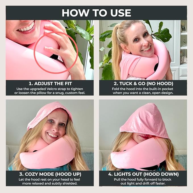 FlyHugz® 2.0 Hooded Travel Pillow – 2025 Original Release – Memory Foam Neck Pillow with Adjustable Hood & Premium Elastic Washable Cover – First Class Comfort for Flights, Road Trips & Sleep- Pink