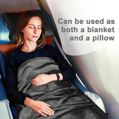 Travel Blanket and Pillow Compact, Premium Soft 2 in 1 Airplane Blanket with Soft Bag Pillowcase，Hand Luggage Sleeve and Backpack Clip (Solid Grey)