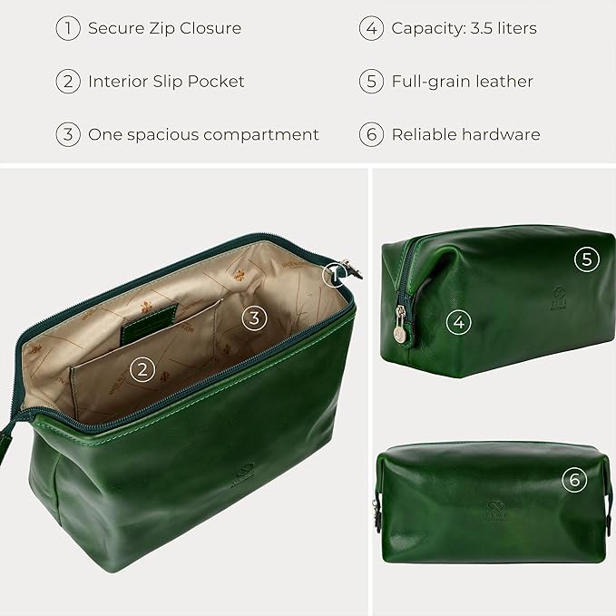 Time Resistance Leather Toiletry Bag Cosmetic Case Italian Classy Dopp Kit