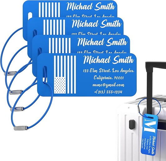 4 PCS Personalized Luggage Tags for Suitcase, Custom Engraved Aluminum Luggage Tags with Your Personalized Text Logo, Metal Name Tags with Steel Loop for Bag, Suitcase, Backpack (Blue, Small)