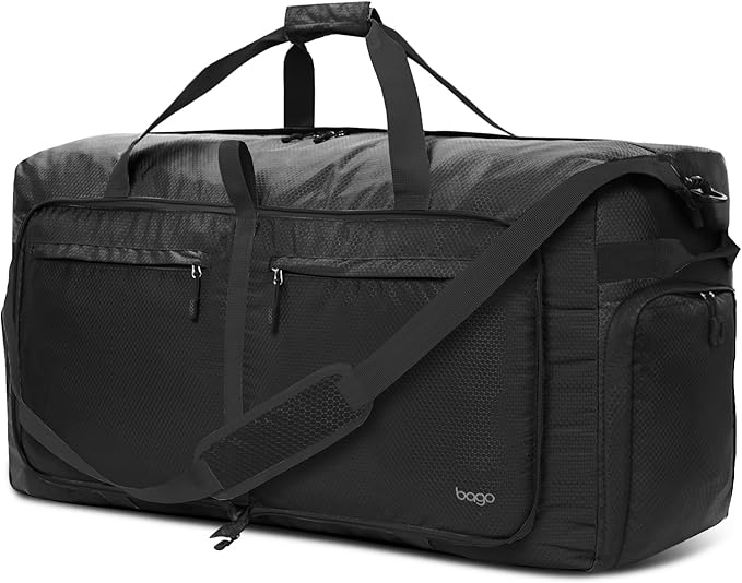 Bago Large Foldable Duffel Bags for Traveling Women & Men - 100L Packable Duffle Bag for Travel with Shoe Compartment - Water Repellant, Heavy Duty, Lightweight Folding & Collapsible (All Black)